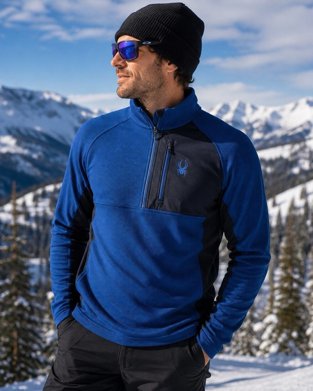 Spyder Men’s M Blue Black Waffle Knit 1/4 Zip Pullover Ski Sweater Fleece